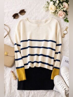Poof Apparel Striped Sweater Cream Navy Mustard Size S